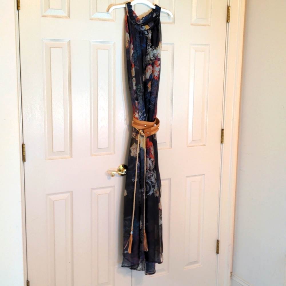 Joy EnvyLand NWT floral tent belt maxi dress M/L black coral white yellow blue